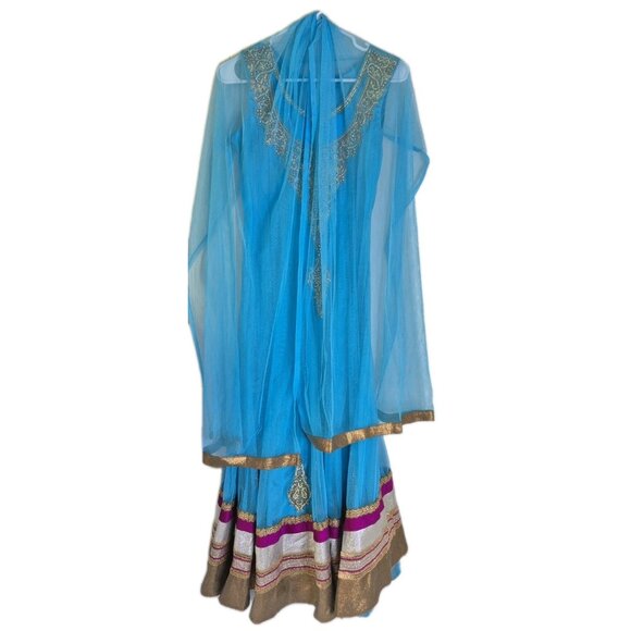 Anarkali Blue Net Churidar Kameez Dupatta Women Size S - Picture 1 of 9